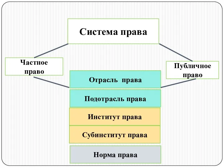 Публичное право Система права Частное право Отрасль права Норма права Институт права Подотрасль права Субинститут права