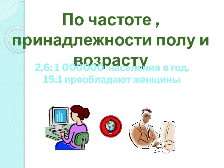 По частоте , принадлежности полу и возрасту 2,6: 1 000000 населения в год. 15:1 преобладают женщины