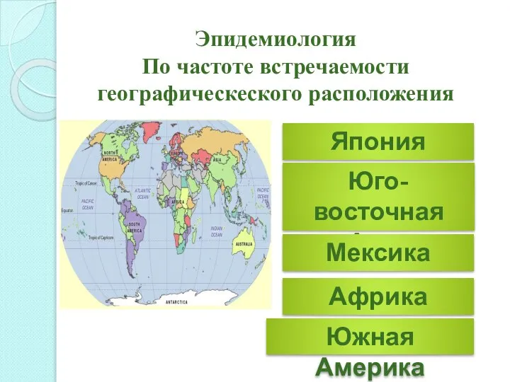 Эпидемиология По частоте встречаемости географическеского расположения Япония Юго-восточная Азия Мексика Африка Южная Америка