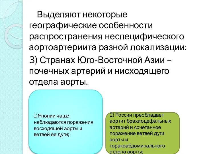 Выделяют некоторые географические особенности распространения неспецифического аортоартериита разной локализации: 3) Странах