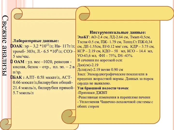 Лабораторные данные: ОАК: эр – 3,2 *1012/л; Нв- 117г/л; тромб- 303т,