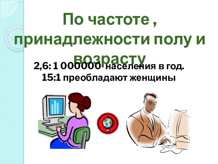 По частоте , принадлежности полу и возрасту 2,6: 1 000000 населения в год. 15:1 преобладают женщины