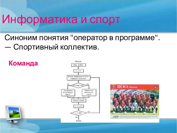 Информатика и спорт Синоним понятия "оператор в программе". — Спортивный коллектив. Команда