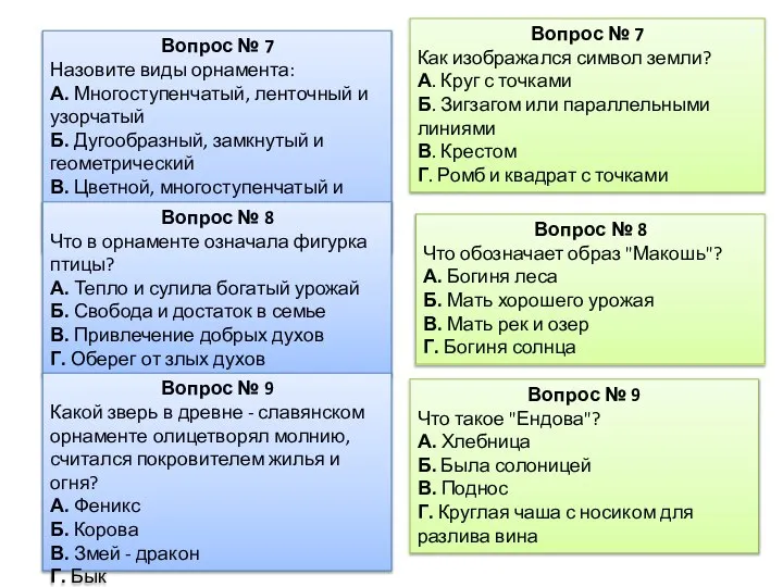 Вопрос № 7 Назовите виды орнамента: А. Многоступенчатый, ленточный и узорчатый