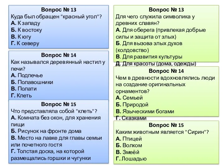 Вопрос № 13 Куда был обращен "красный угол"? А. К западу