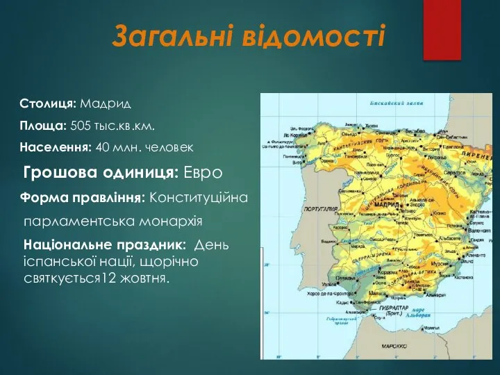 Загальні відомості Столиця: Мадрид Площа: 505 тыс.кв.км. Населення: 40 млн. человек