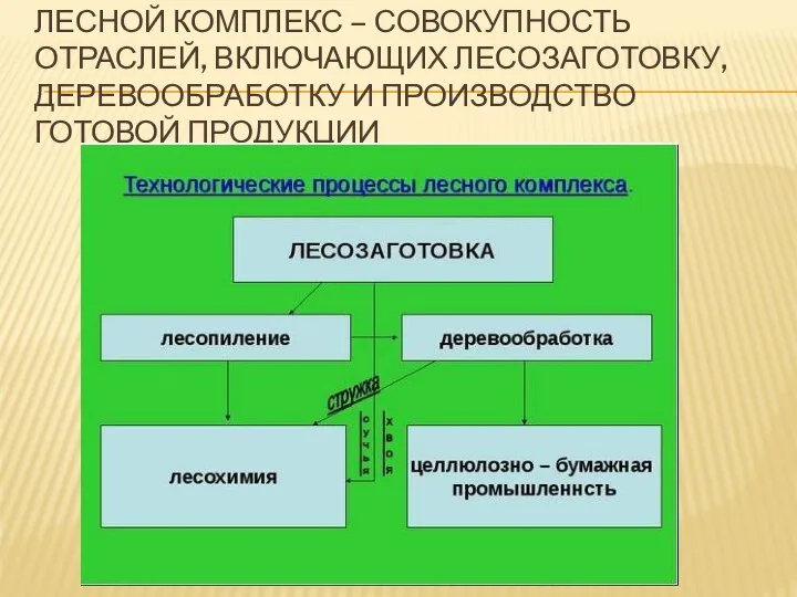 ЛЕСНОЙ КОМПЛЕКС – СОВОКУПНОСТЬ ОТРАСЛЕЙ, ВКЛЮЧАЮЩИХ ЛЕСОЗАГОТОВКУ, ДЕРЕВООБРАБОТКУ И ПРОИЗВОДСТВО ГОТОВОЙ ПРОДУКЦИИ