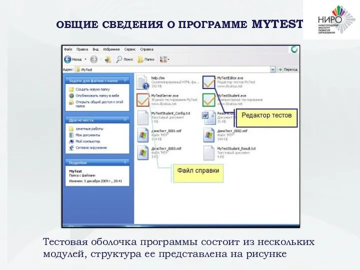 ОБЩИЕ СВЕДЕНИЯ О ПРОГРАММЕ MYTEST Тестовая оболочка программы состоит из нескольких