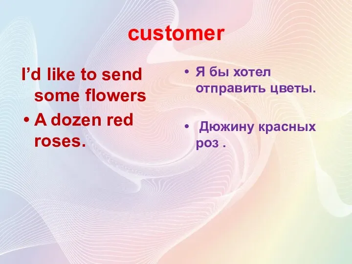 customer I’d like to send some flowers A dozen red roses.