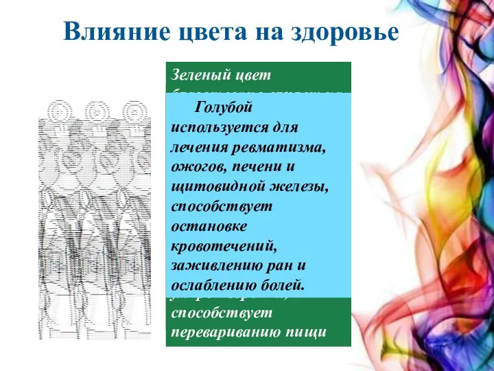 Красный цвет улучшает кровообращение, питает и наполняет силой костный мозг, нервные