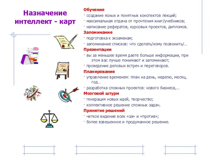 Назначение интеллект - карт Обучение · создание ясных и понятных конспектов