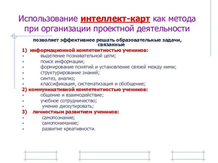 Использование интеллект-карт как метода при организации проектной деятельности позволяет эффективнее решать