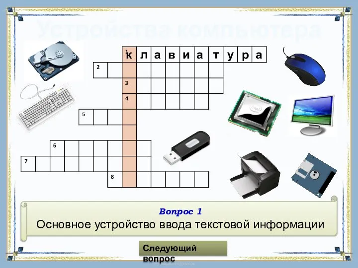 Устройства компьютера Вопрос 1 Основное устройство ввода текстовой информации Следующий вопрос