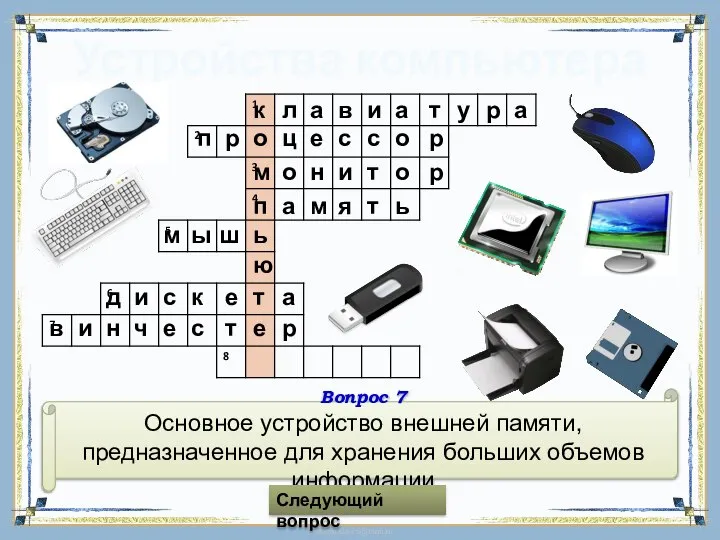 Устройства компьютера Вопрос 7 Основное устройство внешней памяти, предназначенное для хранения