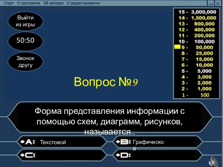 Выйти из игры 50:50 Звонок другу Вопрос №9 Форма представления информации