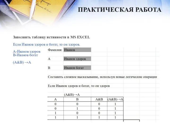 ПРАКТИЧЕСКАЯ РАБОТА Заполнить таблицу истинности в MS EXCEL Если Иванов здоров