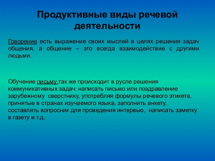 Продуктивные виды речевой деятельности Говорение есть выражение своих мыслей в целях