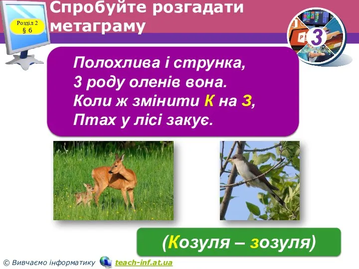 Спробуйте розгадати метаграму Розділ 2 § 6 Полохлива i струнка, 3