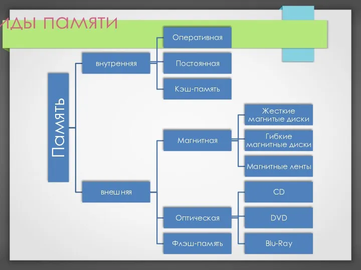 Виды памяти Память внутренняя Оперативная Постоянная Кэш-память внешняя Магнитная Жесткие магнитые
