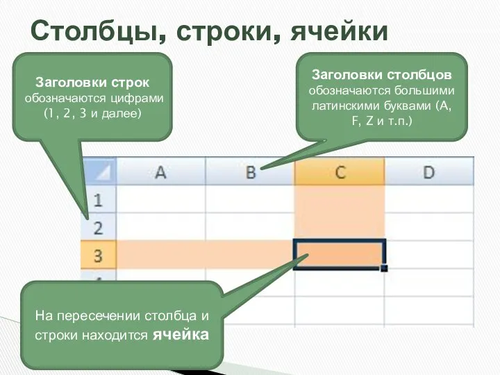 Столбцы, строки, ячейки Заголовки столбцов обозначаются большими латинскими буквами (A, F,