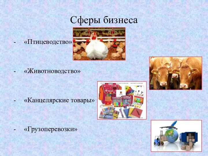 Сферы бизнеса «Птицеводство» «Животноводство» «Канцелярские товары» «Грузоперевозки»