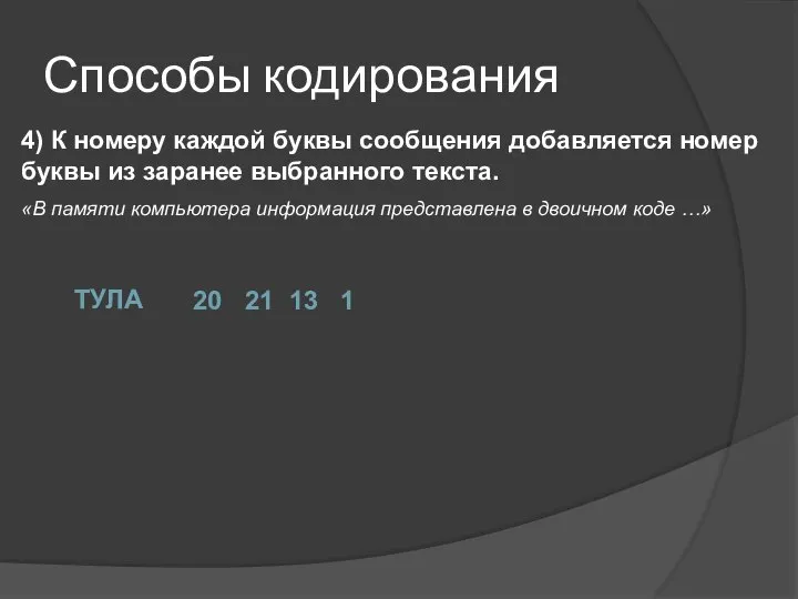 4) К номеру каждой буквы сообщения добавляется номер буквы из заранее