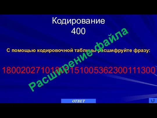 Кодирование 400 ОТВЕТ С помощью кодировочной таблицы расшифруйте фразу: 18002027101805151005362300111300 Расширение файла