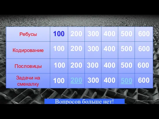 Вопросов больше нет! 100 200 300 400 500 600 100 200