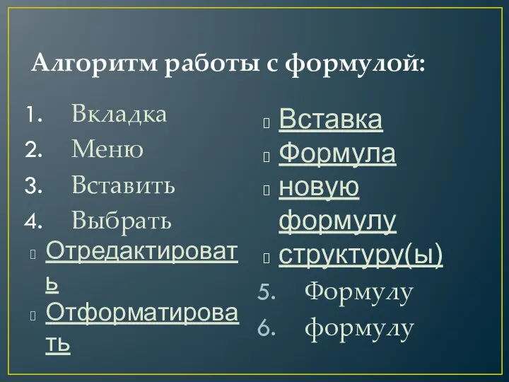 Алгоритм работы с формулой: Вкладка Меню Вставить Выбрать Отредактировать Отформатировать Вставка