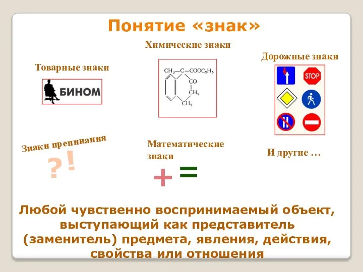 Понятие «знак» Любой чувственно воспринимаемый объект, выступающий как представитель (заменитель) предмета, явления, действия, свойства или отношения