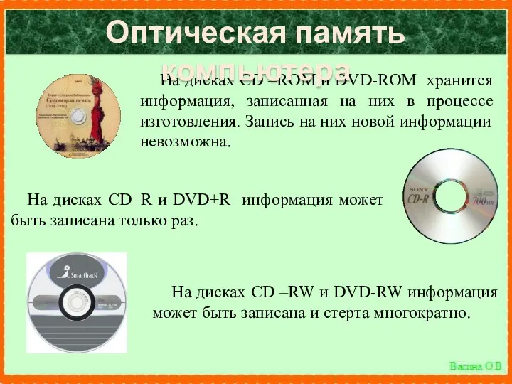 На дисках CD –ROM и DVD-ROM хранится информация, записанная на них