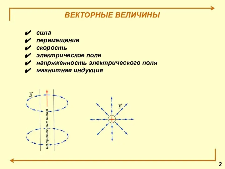 ВЕКТОРНЫЕ ВЕЛИЧИНЫ сила перемещение скорость электрическое поле напряженность электрического поля магнитная индукция