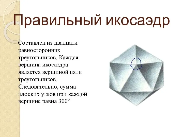 Правильный икосаэдр Составлен из двадцати равносторонних треугольников. Каждая вершина икосаэдра является