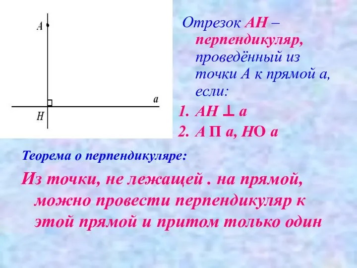 Отрезок АН – перпендикуляр, проведённый из точки А к прямой а,