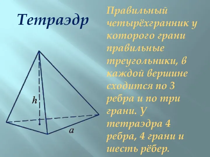 Тетраэдр Правильный четырёхгранник у которого грани правильные треугольники, в каждой вершине
