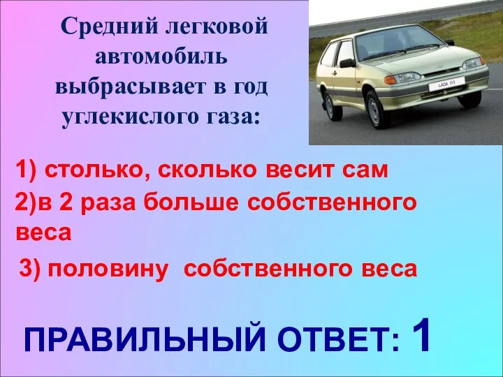 Средний легковой автомобиль выбрасывает в год углекислого газа: 1) столько, сколько