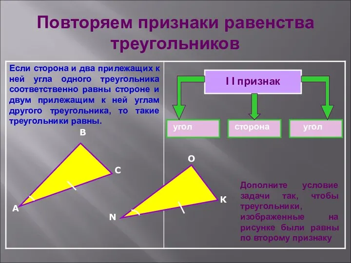 Повторяем признаки равенства треугольников I I признак угол сторона угол А