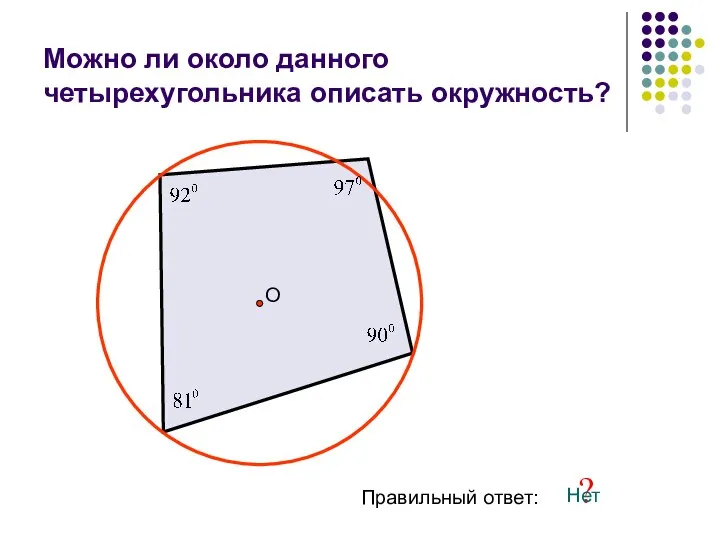 Можно ли около данного четырехугольника описать окружность? О Правильный ответ: ? Нет