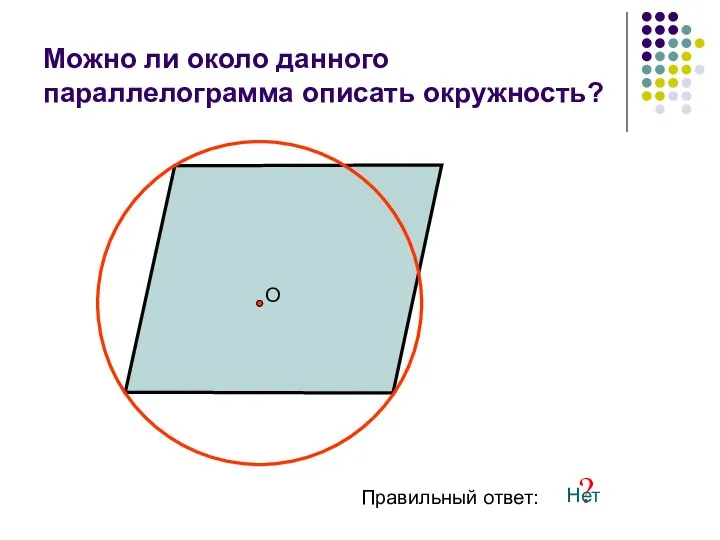 Можно ли около данного параллелограмма описать окружность? О Правильный ответ: ? Нет