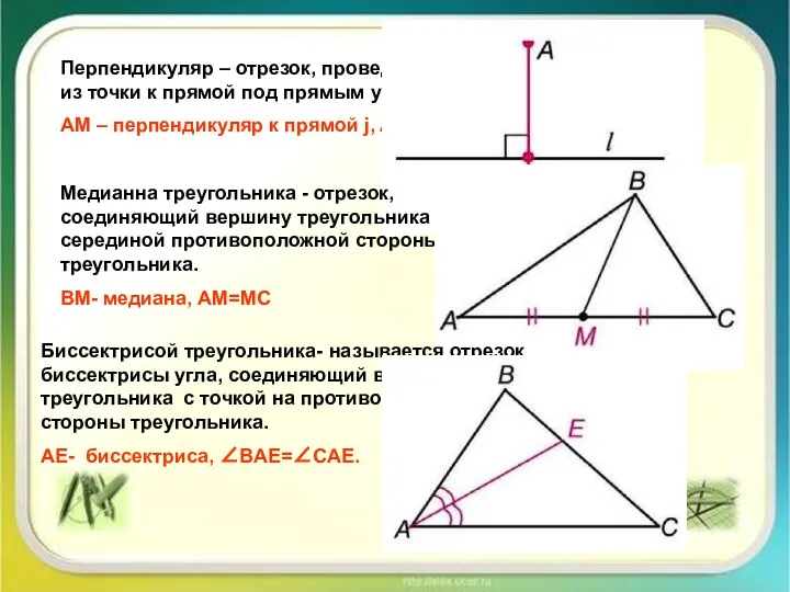 Перпендикуляр – отрезок, проведенный из точки к прямой под прямым углом.