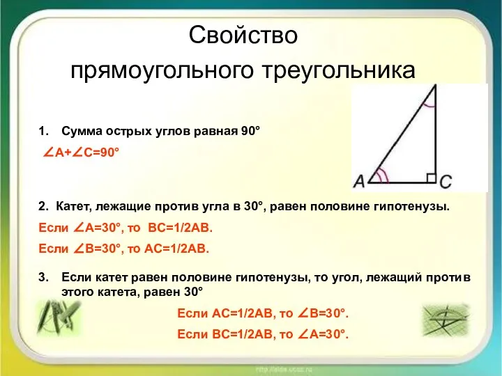 Свойство прямоугольного треугольника Сумма острых углов равная 90° ∠A+∠C=90° 2. Катет,