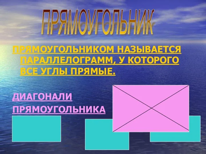 ПРЯМОУГОЛЬНИКОМ НАЗЫВАЕТСЯ ПАРАЛЛЕЛОГРАММ, У КОТОРОГО ВСЕ УГЛЫ ПРЯМЫЕ. ДИАГОНАЛИ ПРЯМОУГОЛЬНИКА РАВНЫ. ПРЯМОУГОЛЬНИК