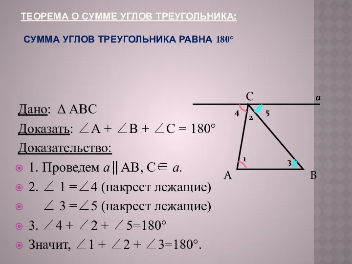 ТЕОРЕМА О СУММЕ УГЛОВ ТРЕУГОЛЬНИКА: СУММА УГЛОВ ТРЕУГОЛЬНИКА РАВНА 180° Дано: