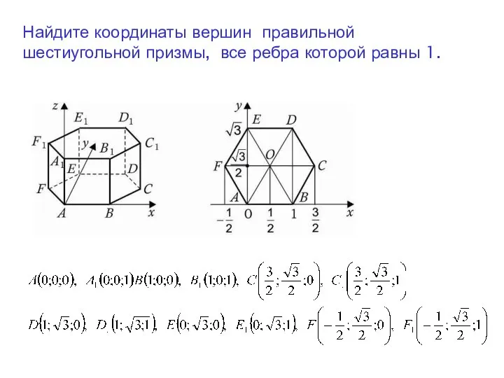 Найдите координаты вершин правильной шестиугольной призмы, все ребра которой равны 1.