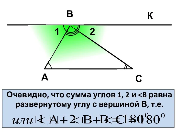 Очевидно, что сумма углов 1, 2 и А С С В 1 2 К