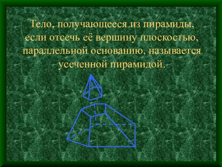 Тело, получающееся из пирамиды, если отсечь её вершину плоскостью, параллельной основанию, называется усеченной пирамидой.