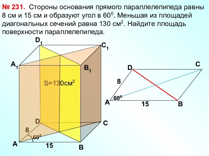 Стороны основания прямого параллелепипеда равны 8 см и 15 см и