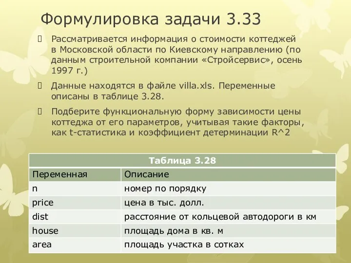 Формулировка задачи 3.33 Рассматривается информация о стоимости коттеджей в Московской области