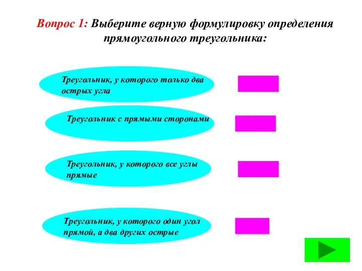 Вопрос 1: Выберите верную формулировку определения прямоугольного треугольника: