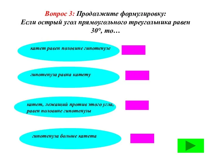 Вопрос 3: Продолжите формулировку: Если острый угол прямоугольного треугольника равен 30°, то…